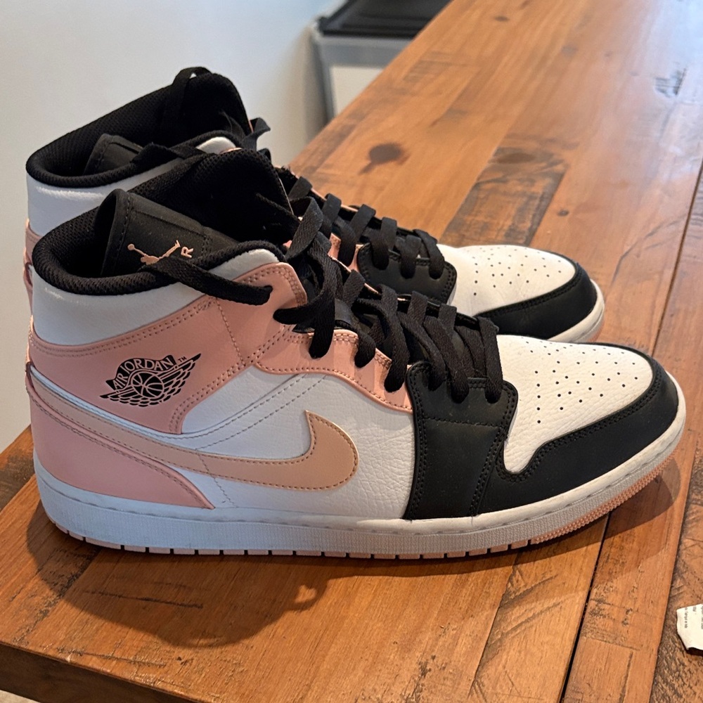 Jordan 1 Mid Pink/Black/White Women's Sneakers - Soft Pink Swoosh